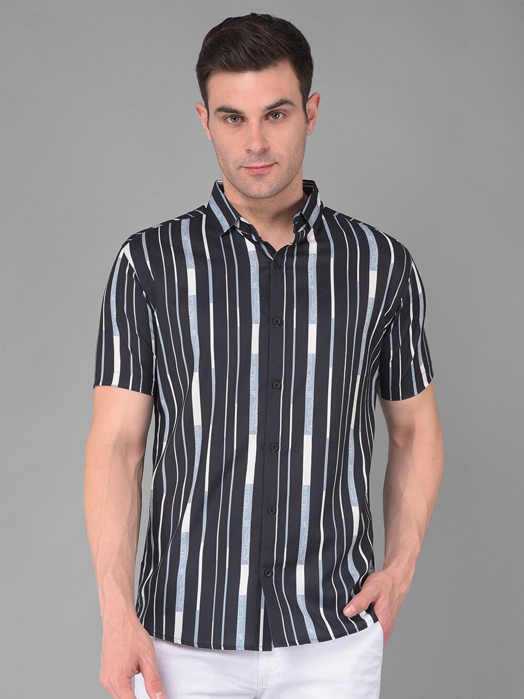 

COBB Men Slim Fit Opaque Striped Casual Shirt, Black