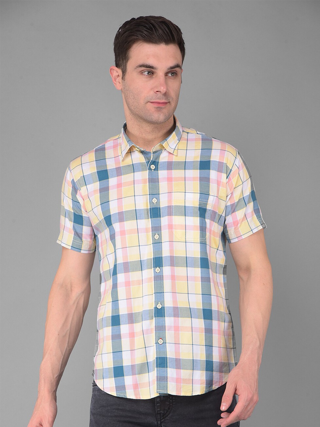 

COBB Men Slim Fit Tartan Checks Opaque Checked Casual Shirt, Yellow