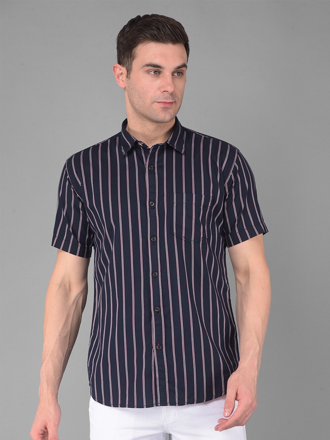 

COBB Men Slim Fit Opaque Striped Casual Shirt, Navy blue
