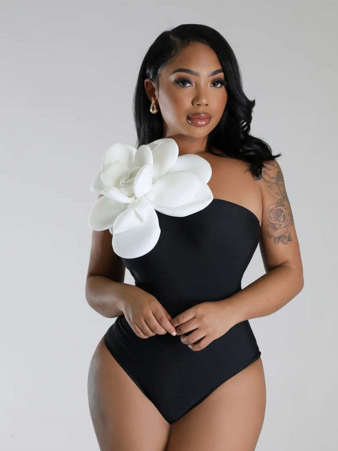 

Addery 3D Flower One Shoulder Swimwear Cover Up Set, Black