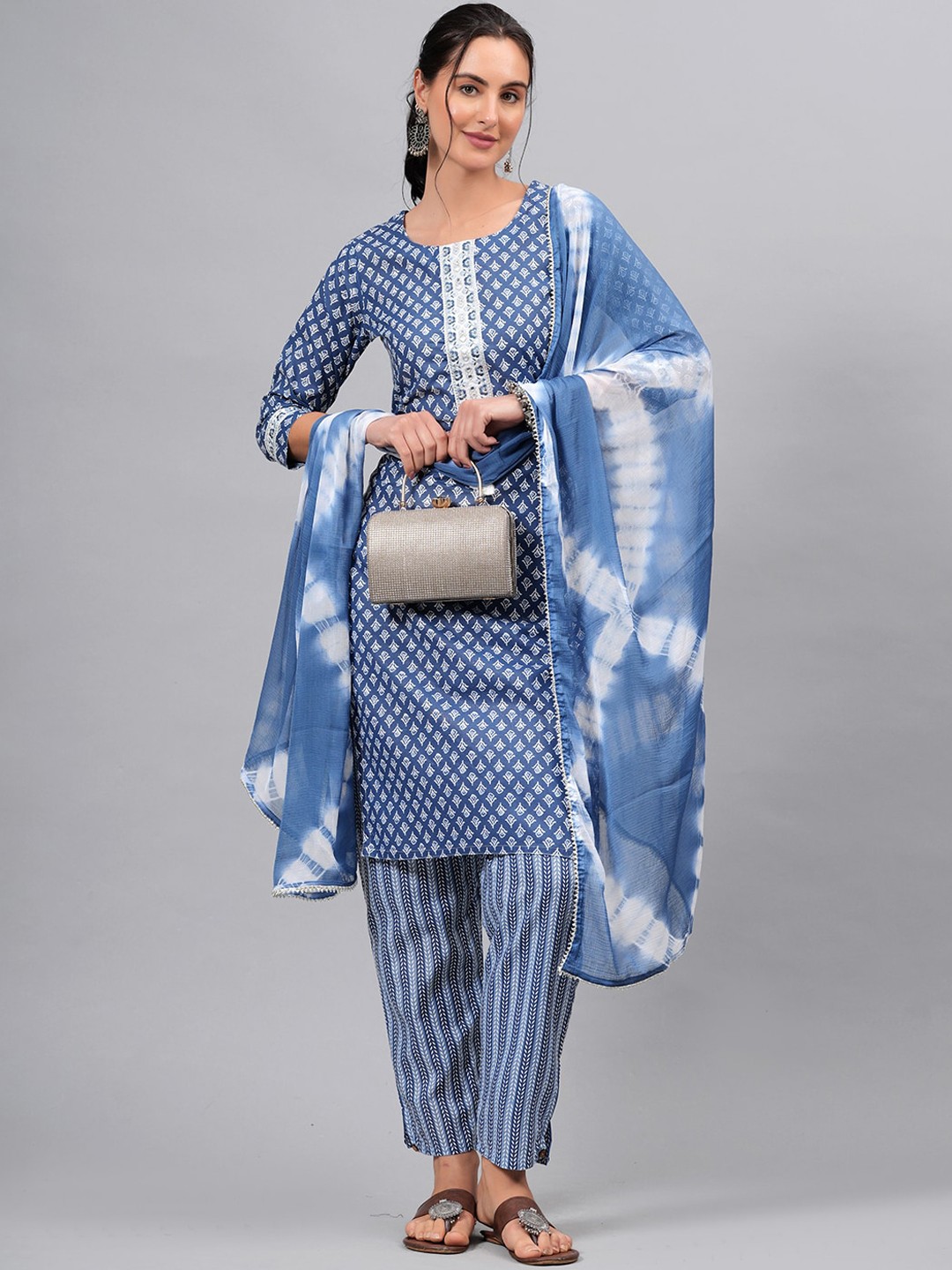 

HIGHLIGHT FASHION EXPORT Printed Gotta Patti Pure Cotton Kurta with Trousers & Dupatta, Blue