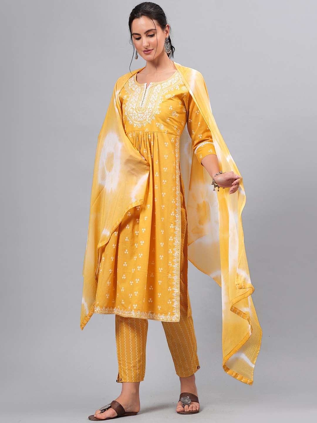 

HIGHLIGHT FASHION EXPORT Ethnic Motifs Embroidered Chikankari Pure Cotton A-Line Kurta Set, Yellow