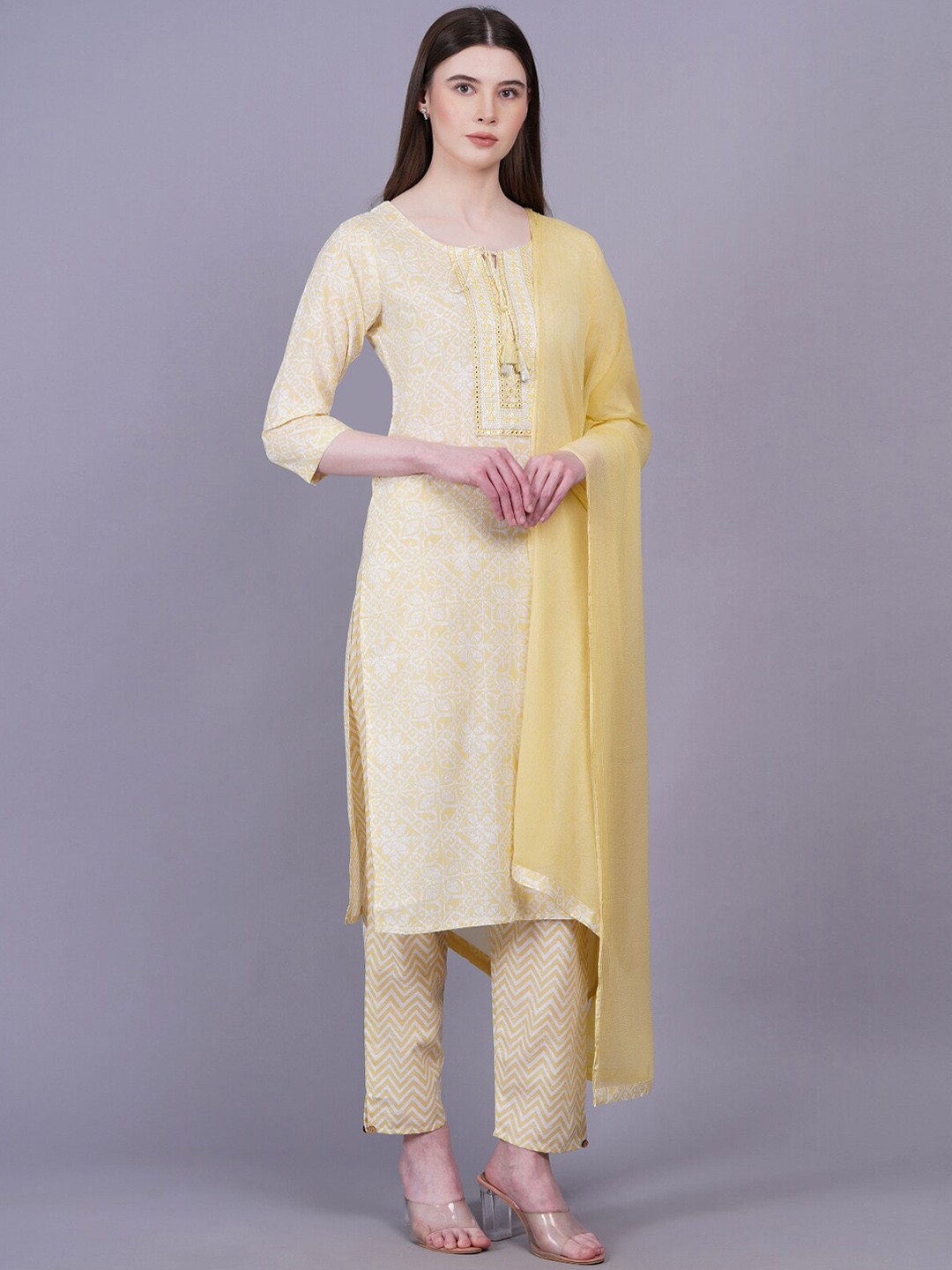 

HIGHLIGHT FASHION EXPORT Printed Mirror Work Pure Cotton Kurta with Trousers & Dupatta, Yellow