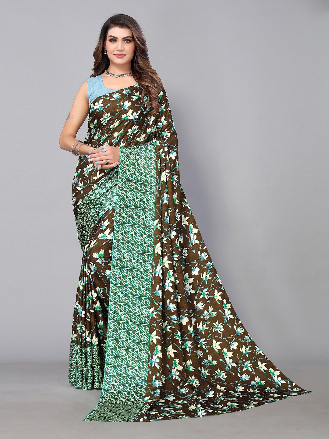 

Mitera Floral Printed Saree, Olive