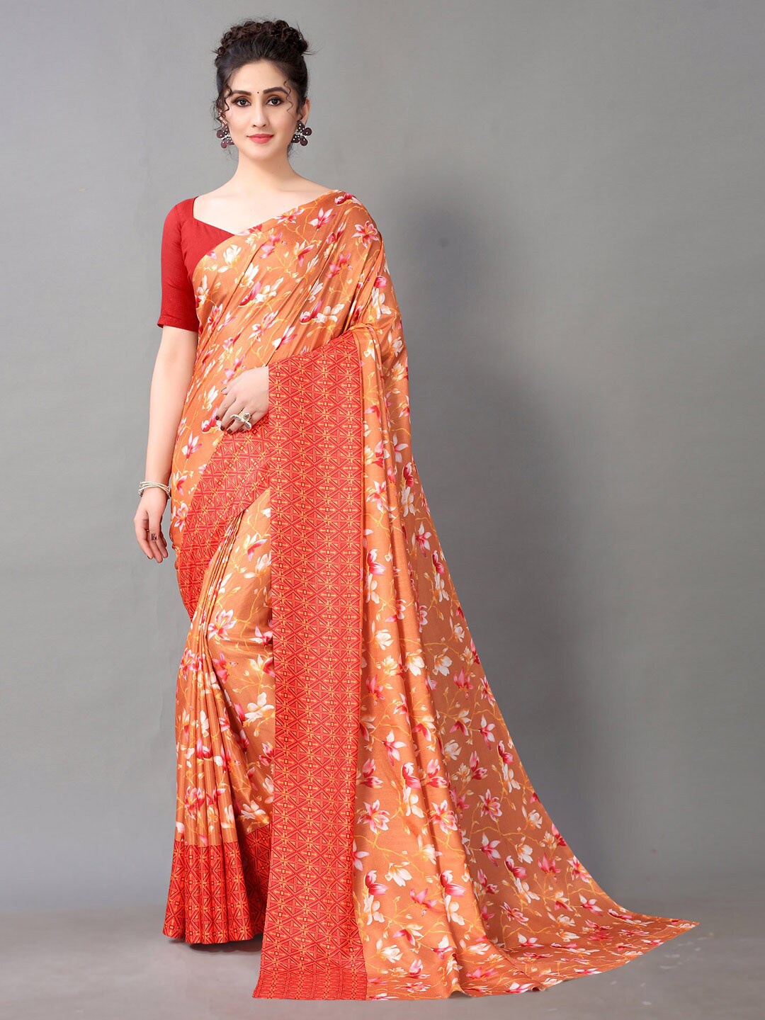 

Mitera Rust & Orange Floral Printed Art Silk Saree