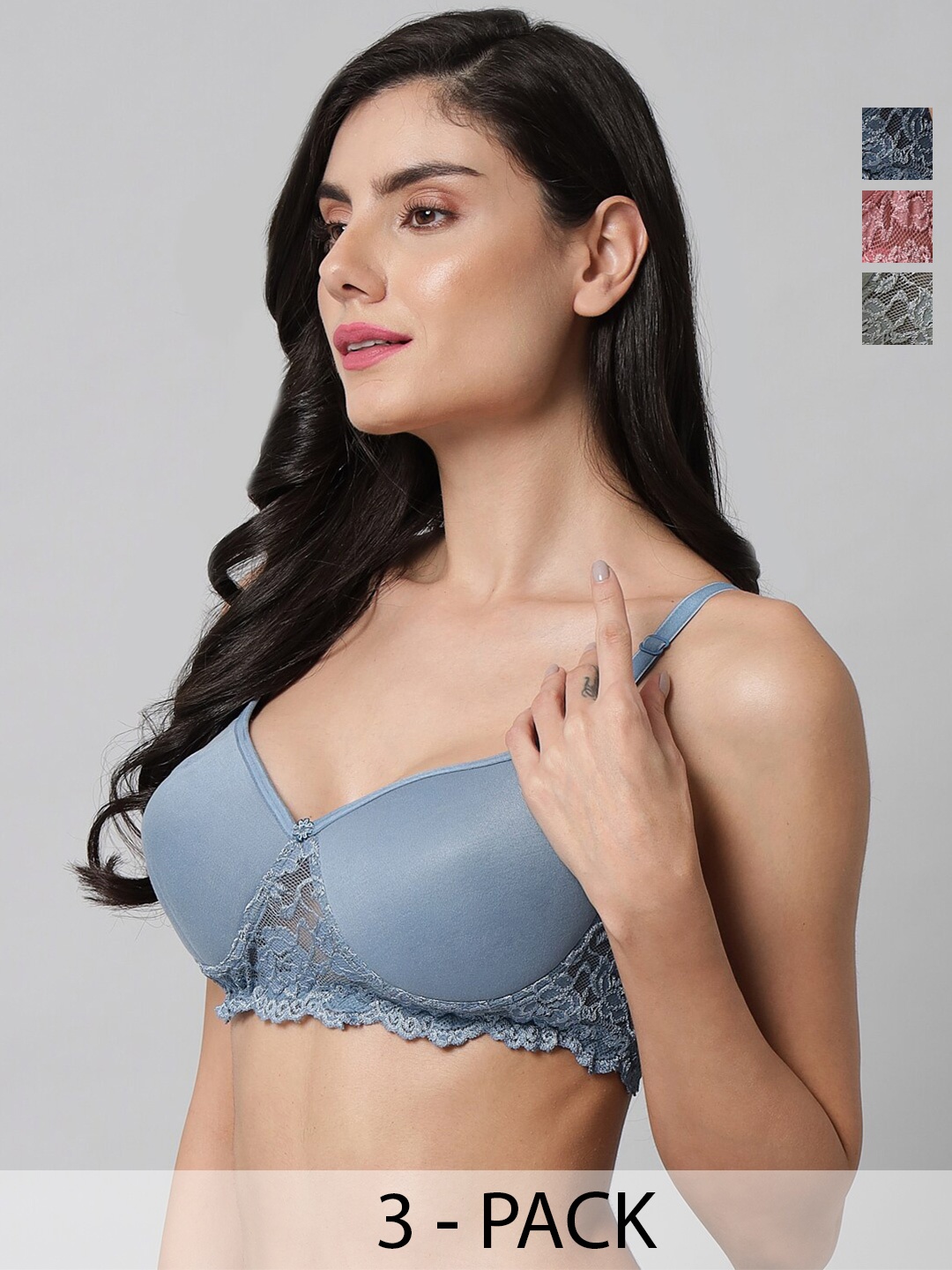 

Extoes Pack Of 3 Full Coverage Lightly Padded Cotton T-shirt Bra- All Day Comfort, Pink