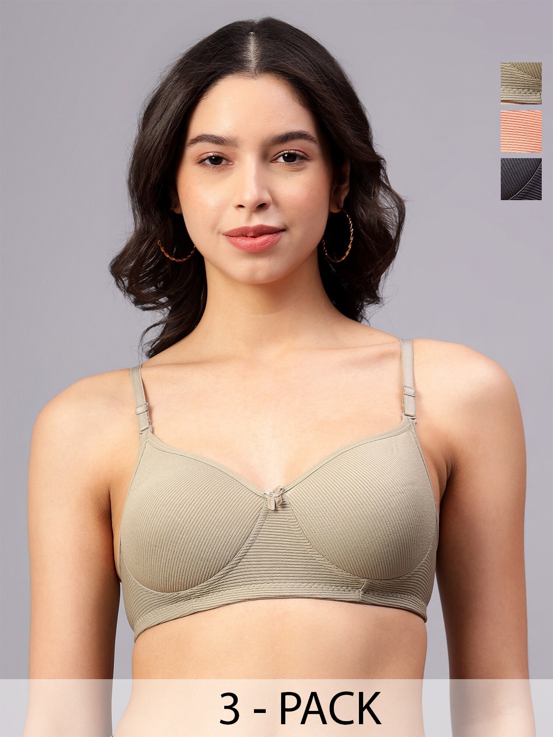 

Extoes Pack Of 3 Full Coverage Lightly Padded Cotton T-shirt Bra- All Day Comfort, Green