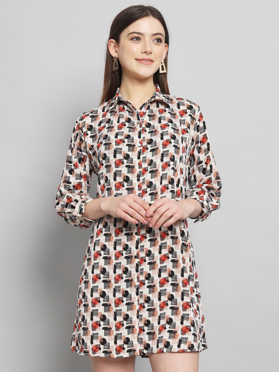 

RAER Women Print Satin Shirt Dress, Beige
