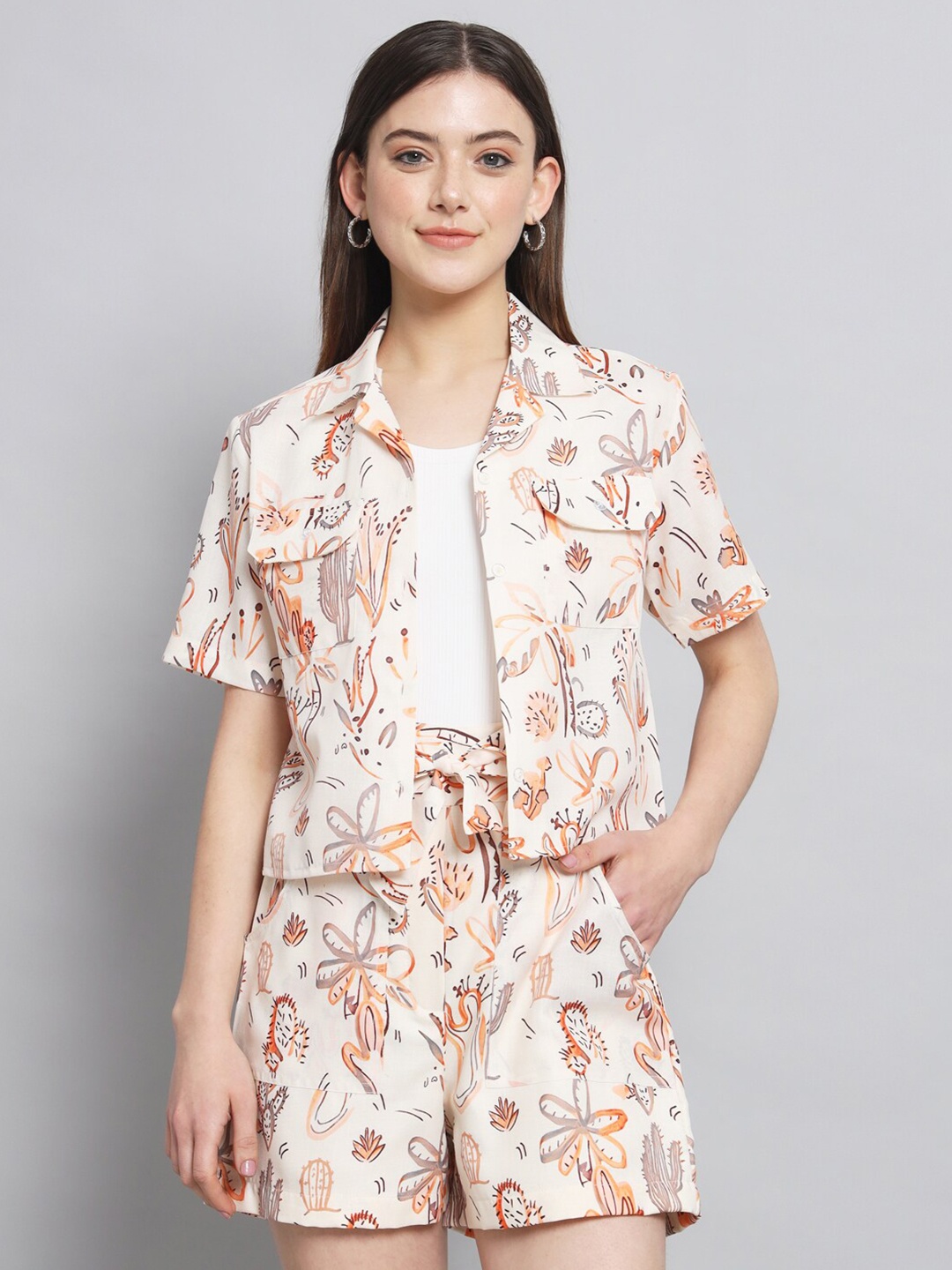 

RAER Floral Printed Shirt Collar Shirt With Shorts, Orange