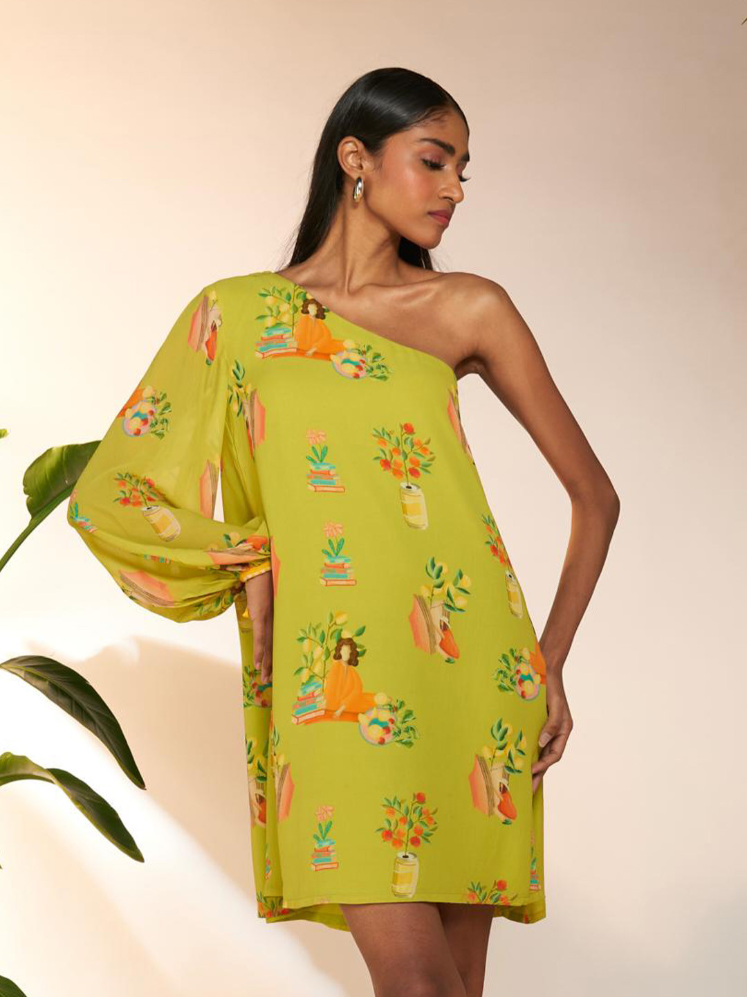 

Masaba Women Georgette A-Line One Shoulder Dress, Green
