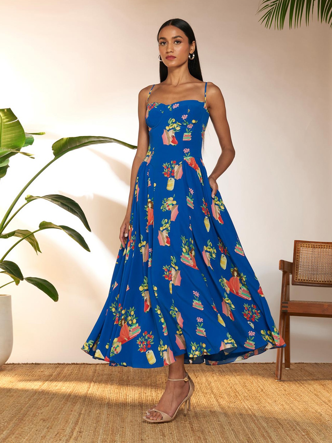 

Masaba Women Crepe Shoulder Straps Fit & Flare Midi Dress, Blue