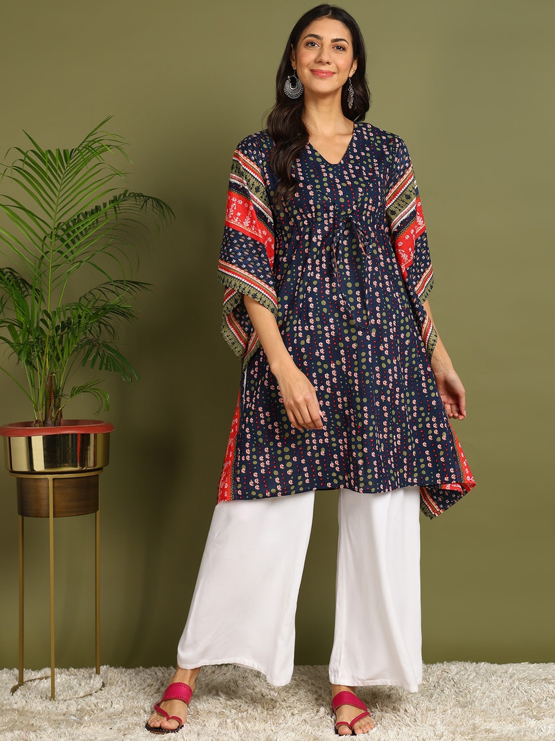

ZNX Clothing Women Ethnic Motifs Printed Flared Sleeves Thread Work Maternity Kurta, Navy blue