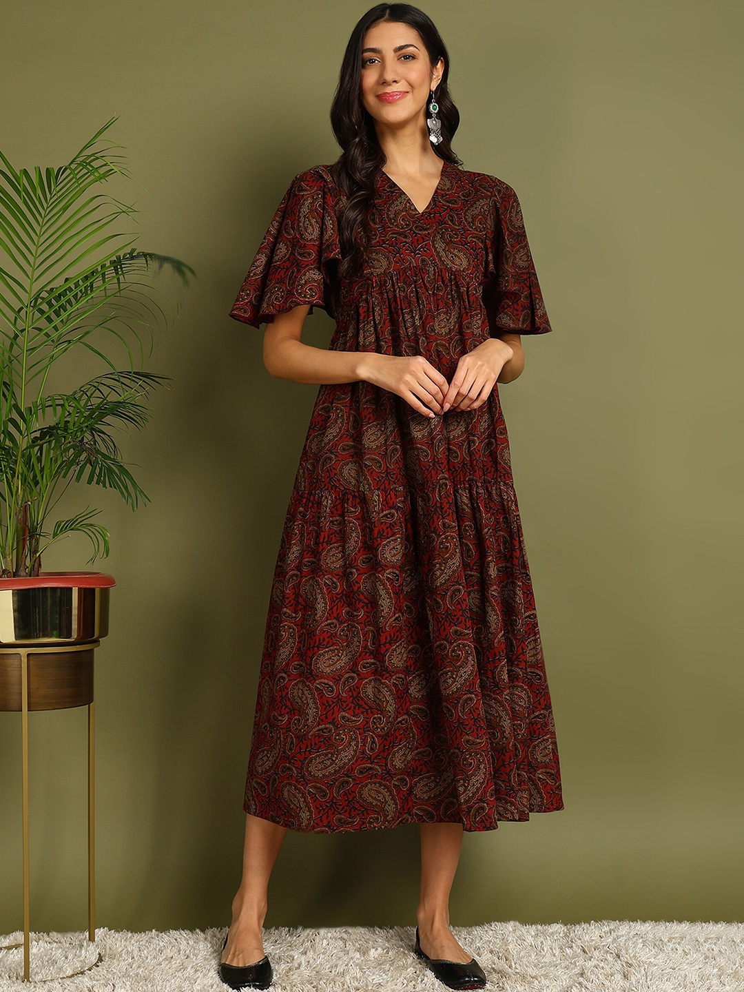 

ZNX Clothing Women Flared Sleeve Maternity A-Line Midi Ethnic Dresses, Brown