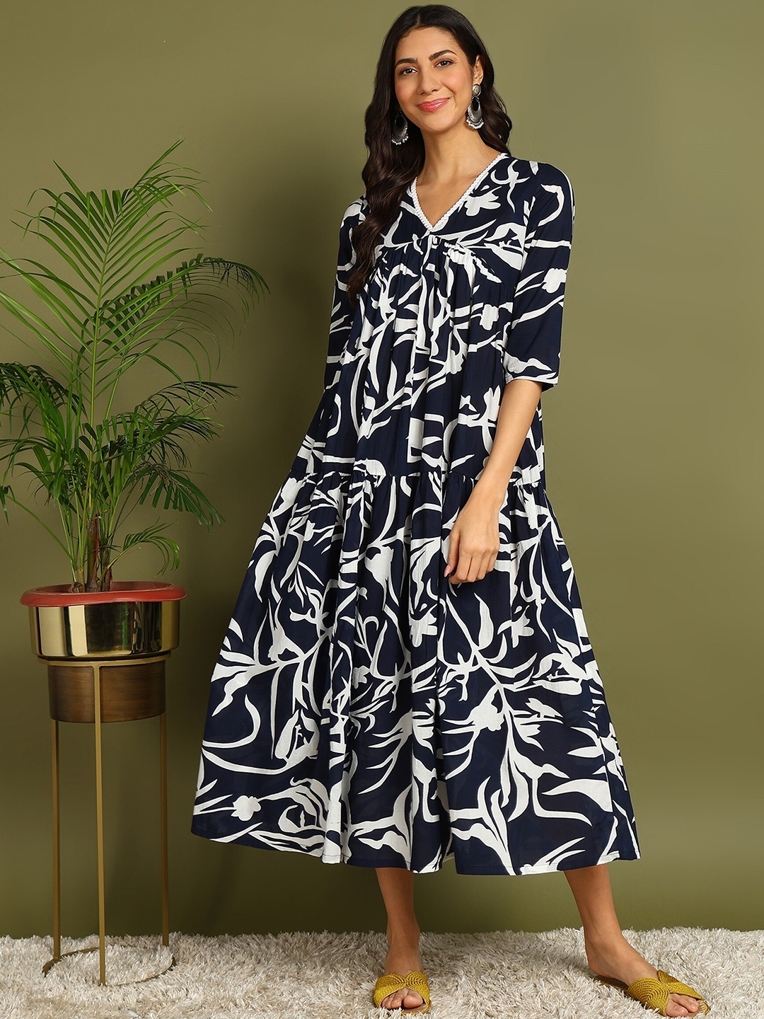 

ZNX Clothing Tropical Print Maternity A-Line Midi Dress, Navy blue