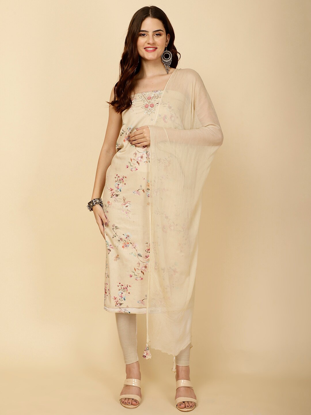 

Meena Bazaar Floral Printed Unstitched Dress Material, Beige