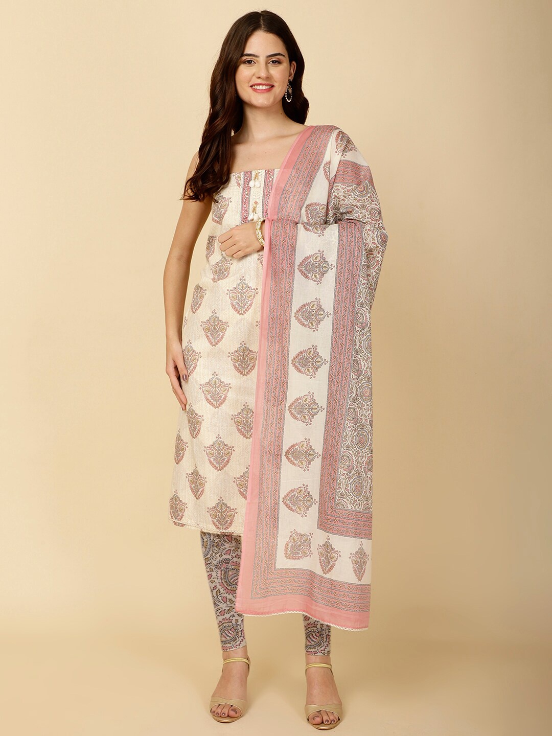 

Meena Bazaar Ethnic Motifs Printed Unstitched Dress Material, Cream