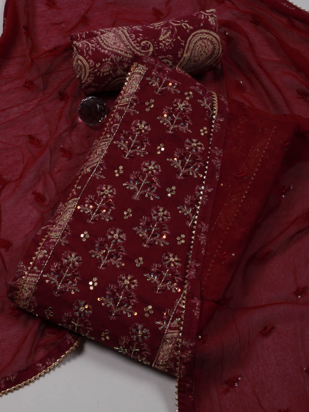 

Meena Bazaar Floral Printed Sequinned Unstitched Dress Material, Maroon