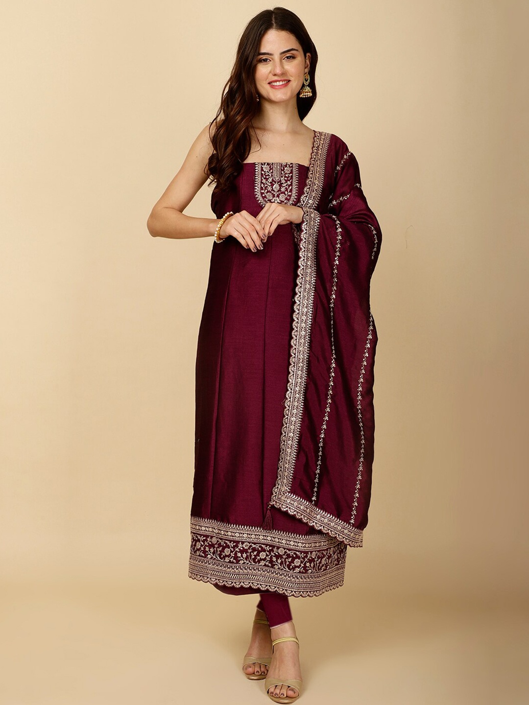 

Meena Bazaar Ethnic Motifs Embroidered Unstitched Dress Material, Purple