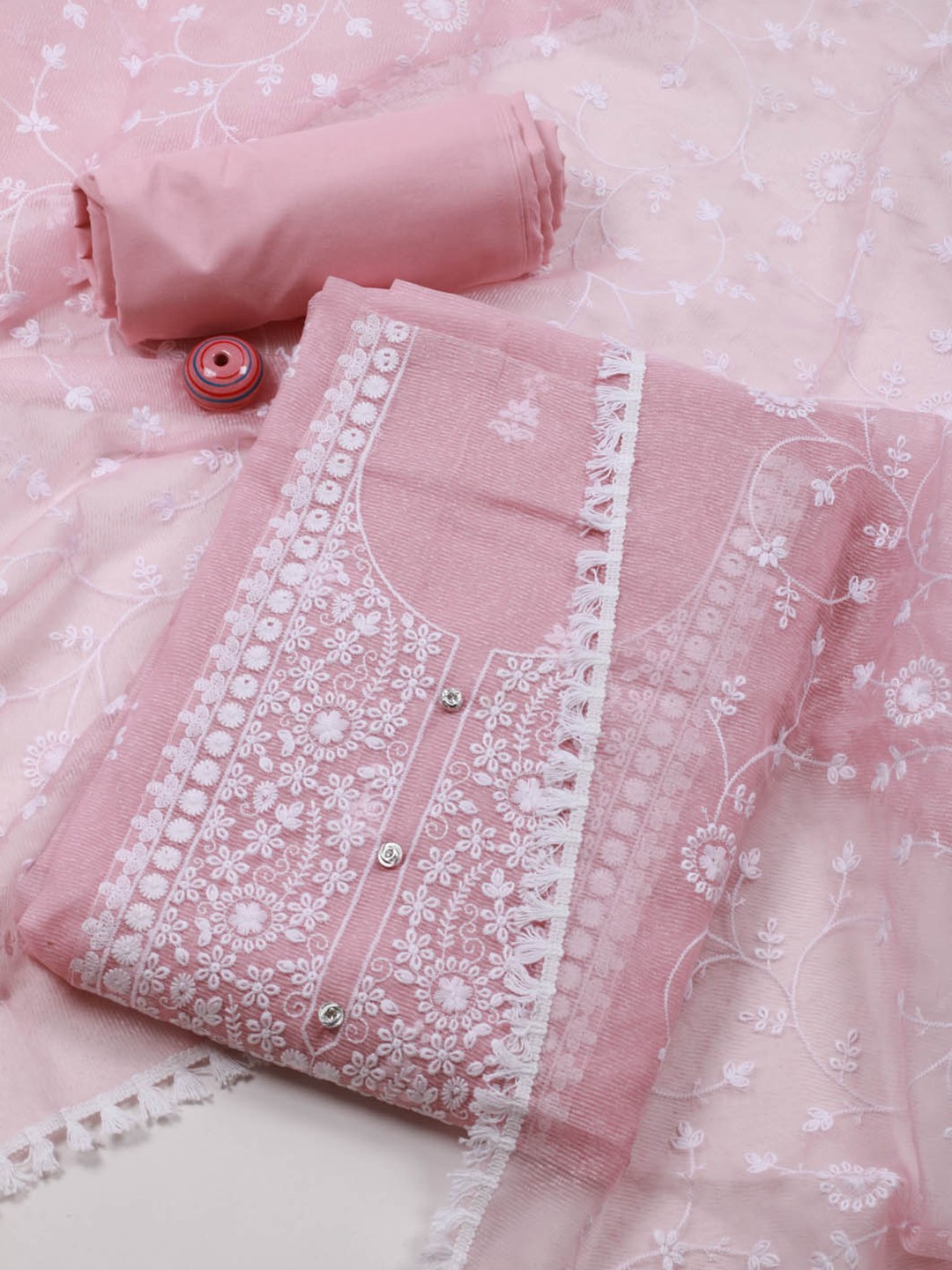 

Meena Bazaar Floral Embroidered Thread Work Unstitched Dress Material, Pink