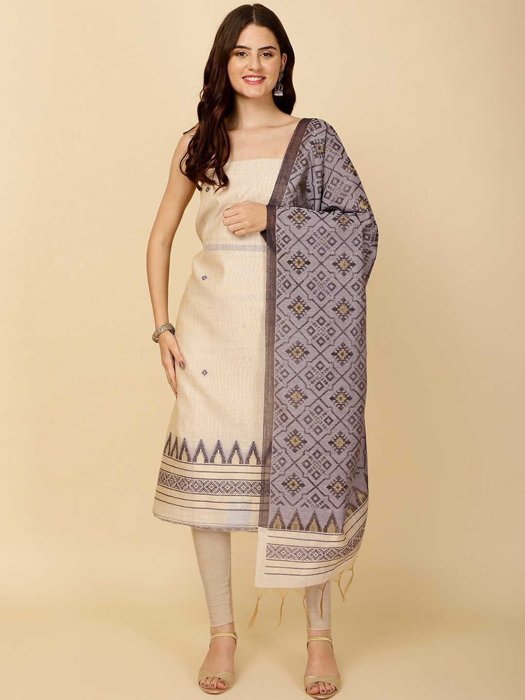 

Meena Bazaar Floral Woven Design Unstitched Dress Material, Beige