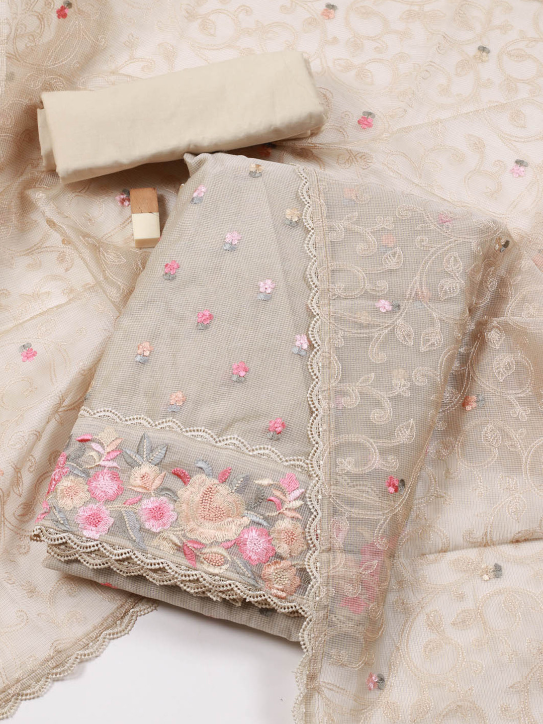 

Meena Bazaar Ethnic Motifs Embroidered Thread Work Unstitched Dress Material, Beige