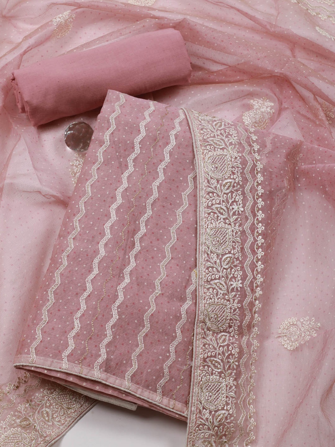 

Meena Bazaar Floral Embroidered Unstitched Dress Material, Pink