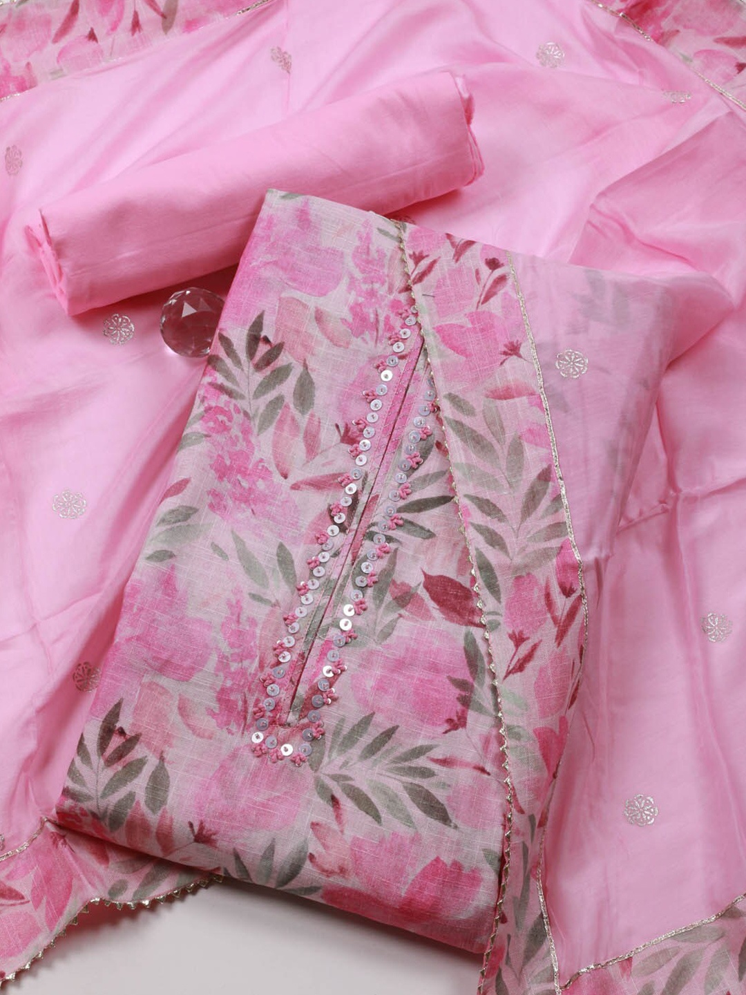 

Meena Bazaar Floral Printed Unstitched Dress Material, Pink
