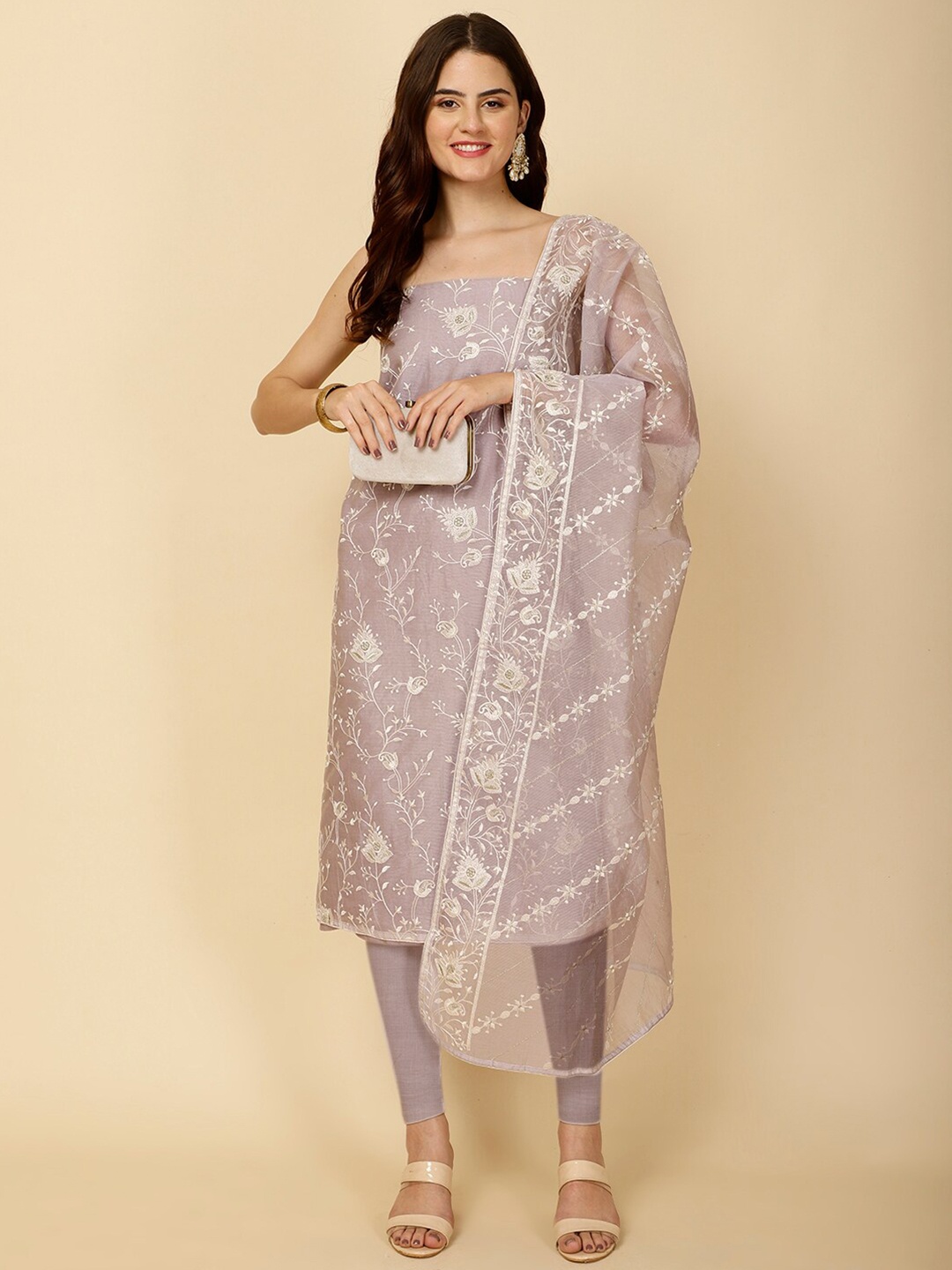 

Meena Bazaar Floral Embroidered Thread Work Unstitched Dress Material, Beige