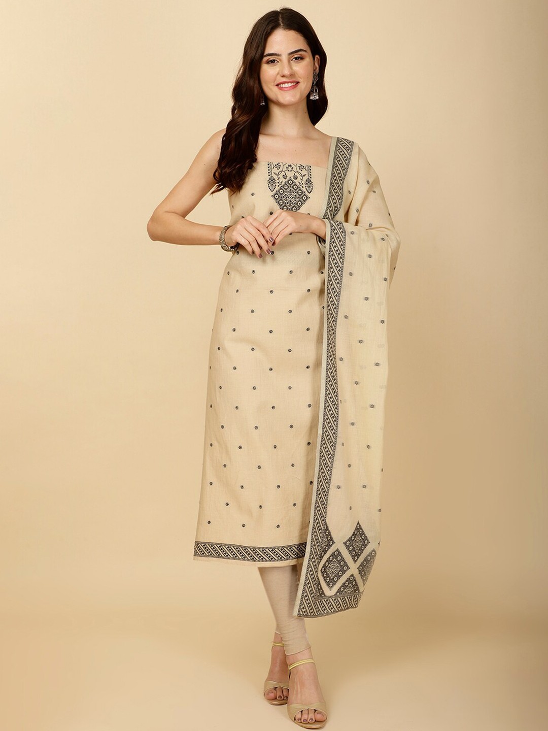 

Meena Bazaar Embroidered Unstitched Dress Material, Beige