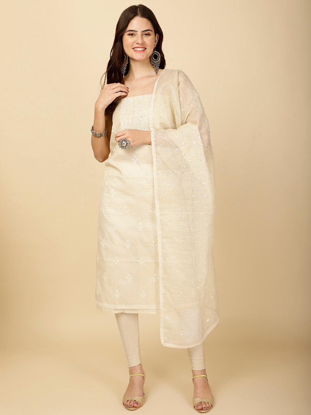 

Meena Bazaar Ethnic Motifs Embroidered Sequinned Unstitched Dress Material, Beige