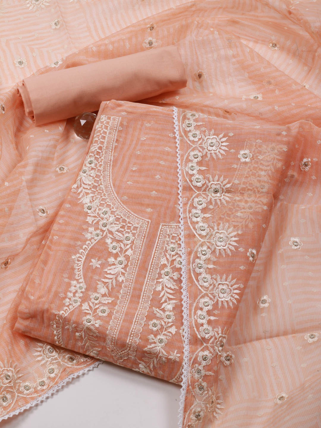 

Meena Bazaar Floral Embroidered Unstitched Dress Material, Peach
