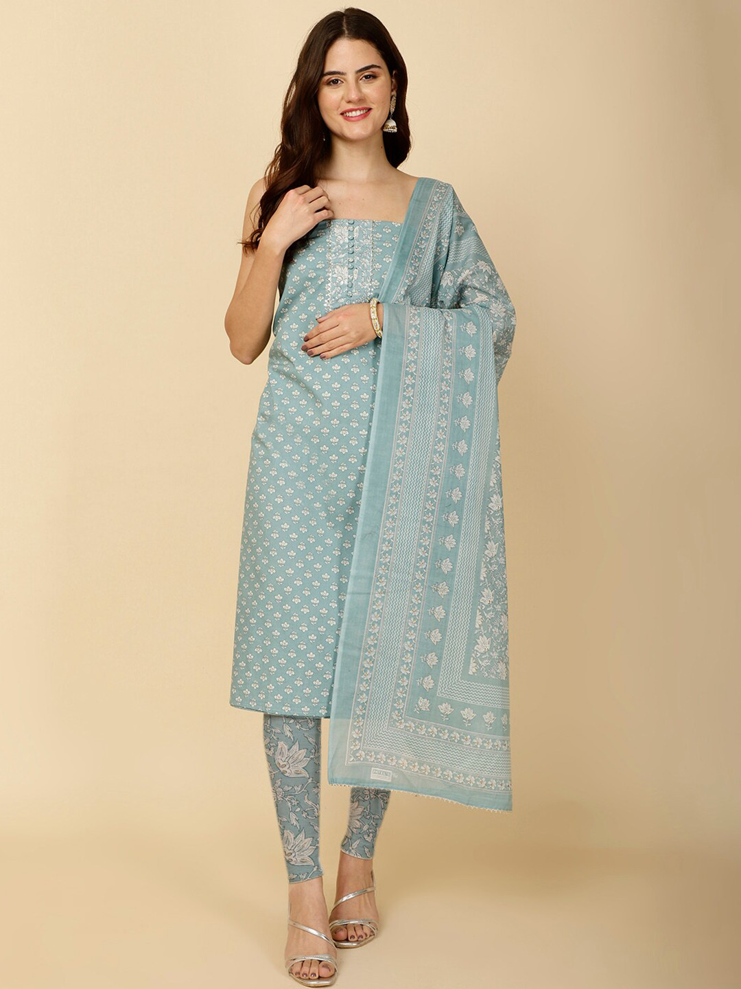 

Meena Bazaar Floral Printed Unstitched Dress Material, Sea green