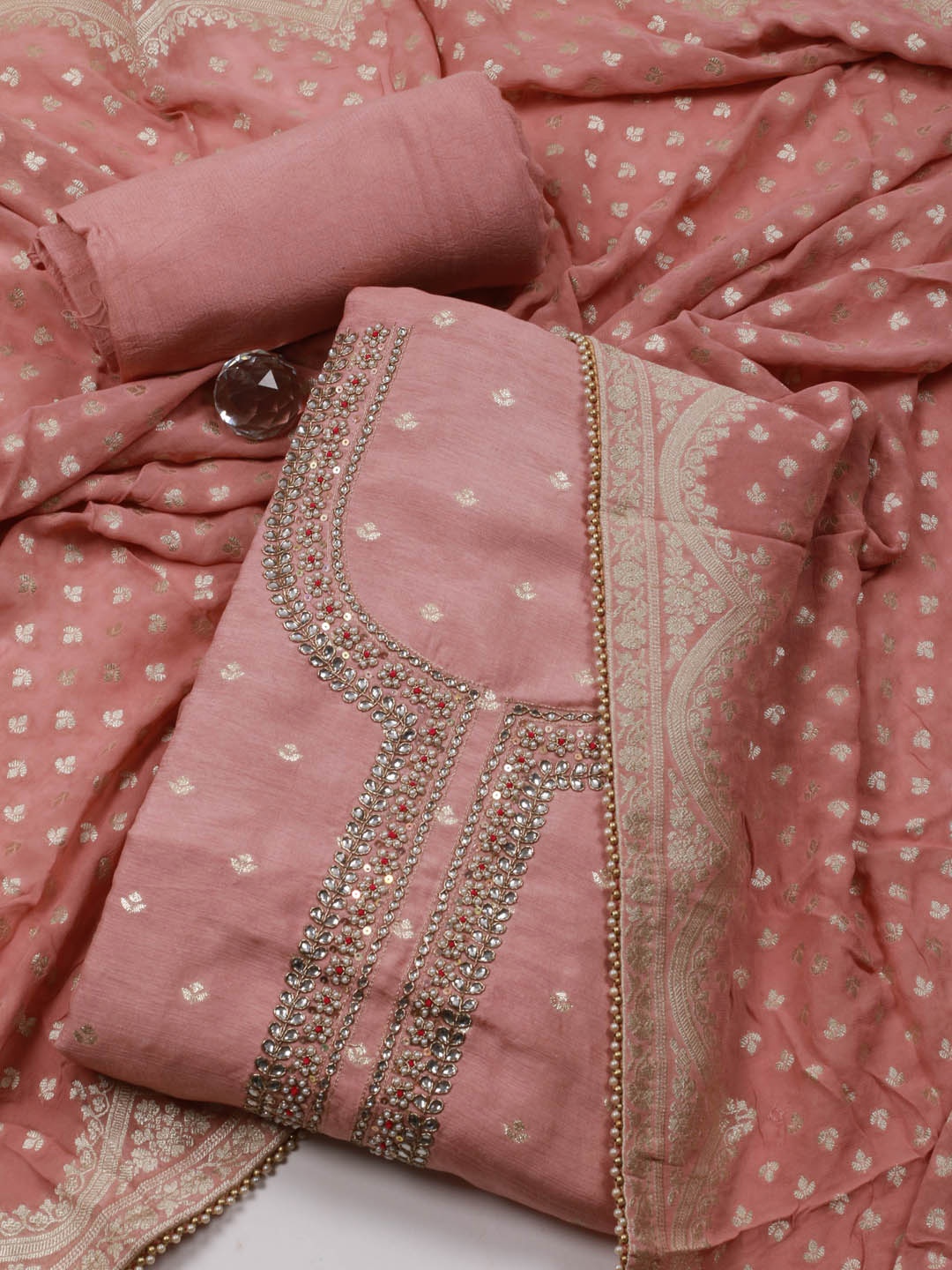 

Meena Bazaar Woven Designed Beads & Stones Unstitched Dress Material, Pink