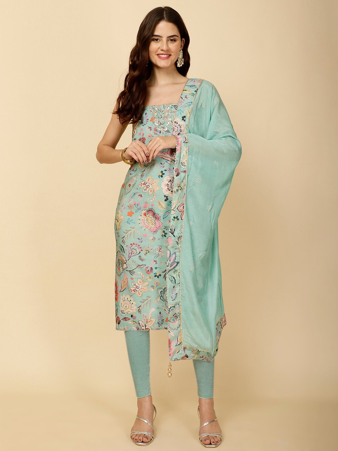 

Meena Bazaar Floral Printed Unstitched Dress Material, Sea green