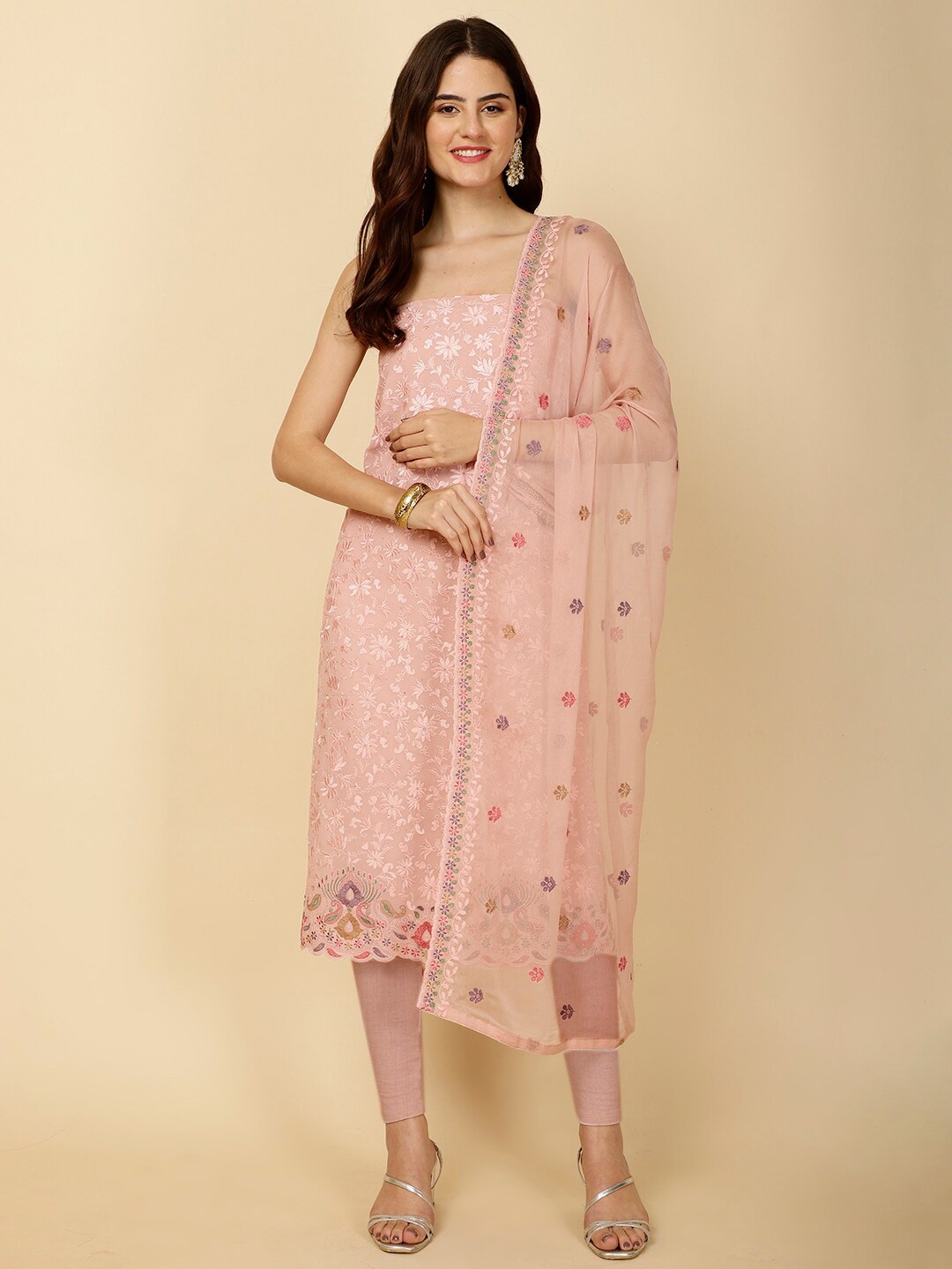 

Meena Bazaar Floral Embroidered Unstitched Dress Material, Pink