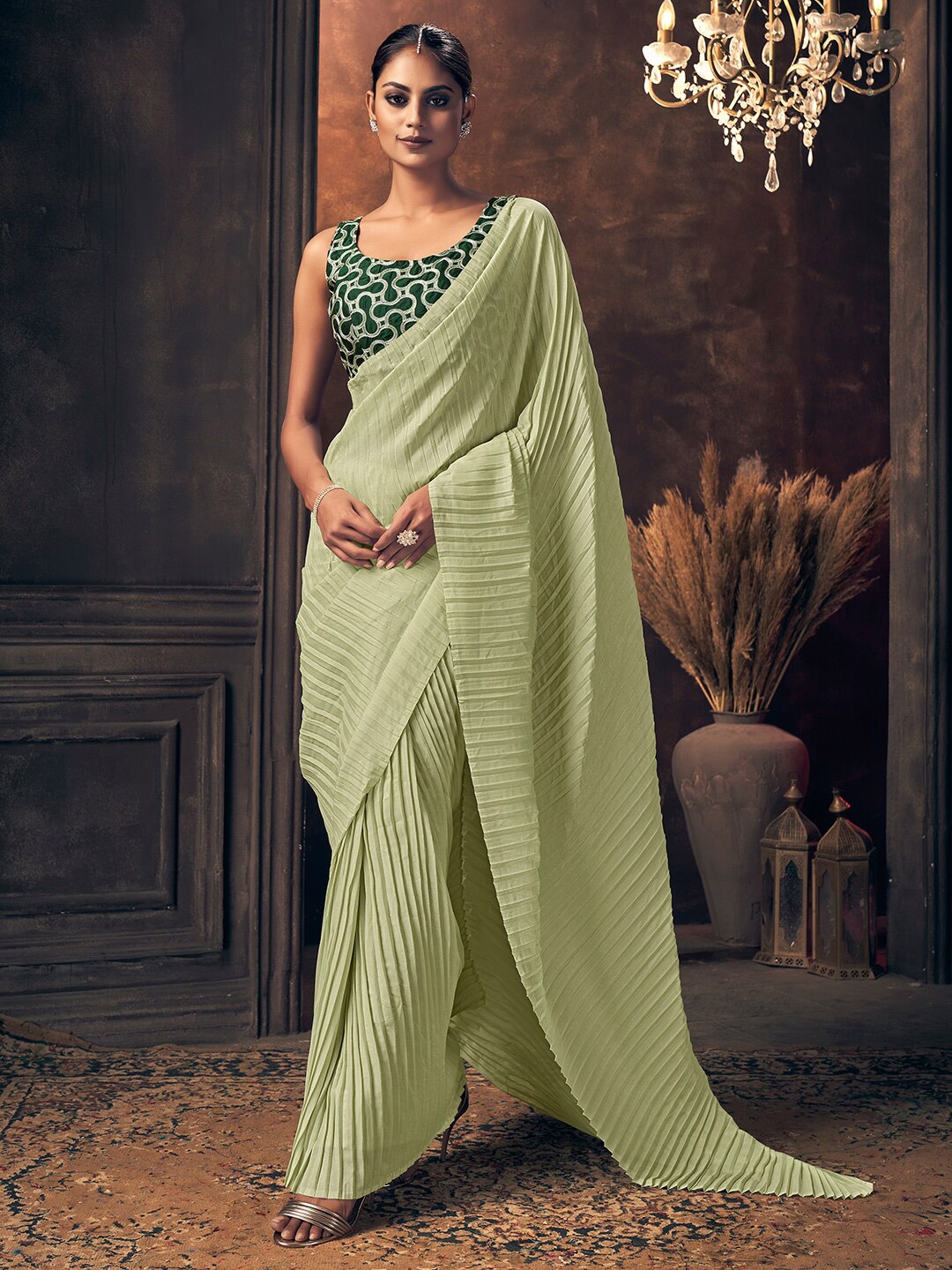 

Sunasi Striped Art Silk Saree, Green