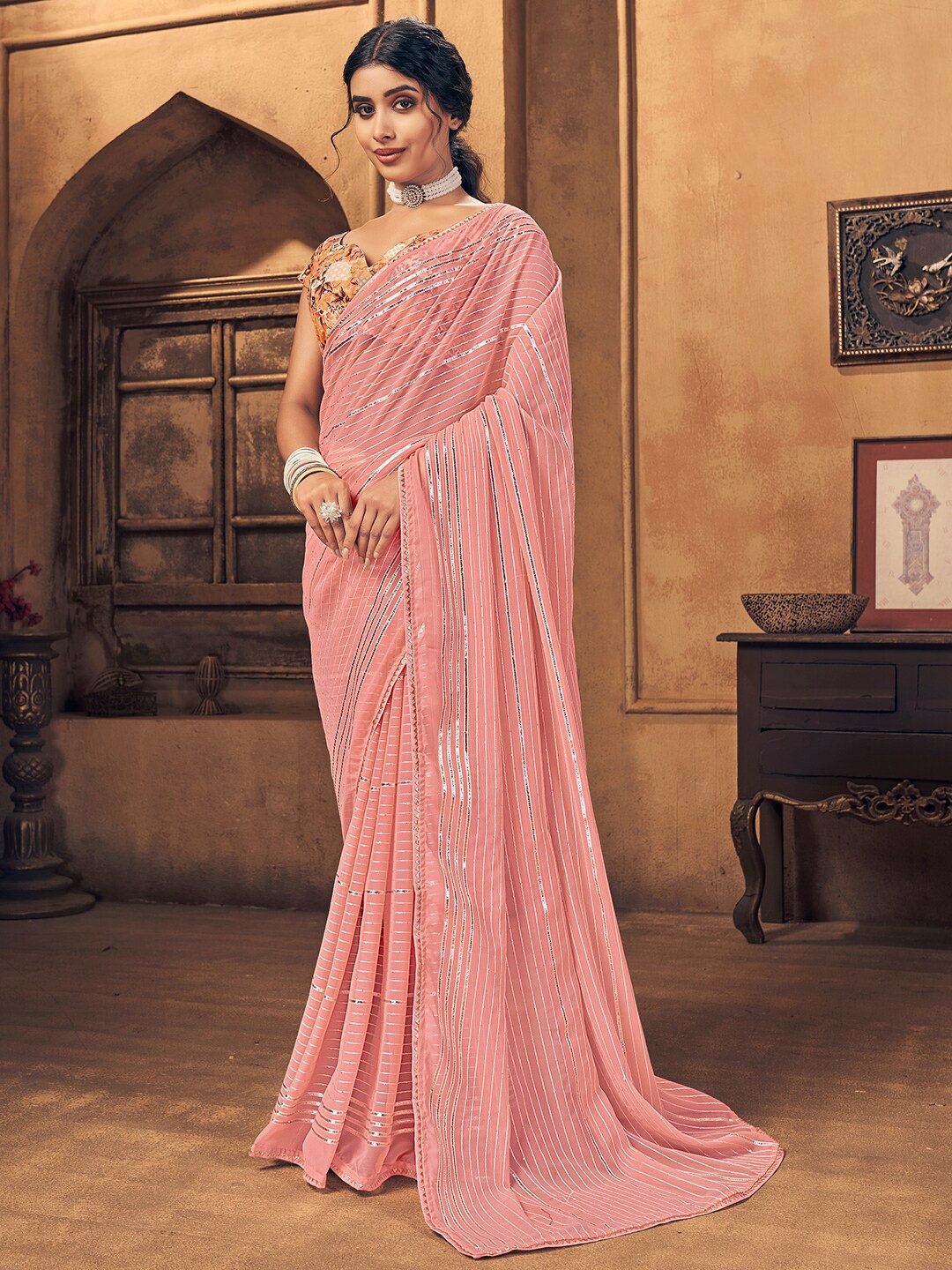 

Sunasi Striped Embellished Gotta Patti Pure Georgette Saree, Peach