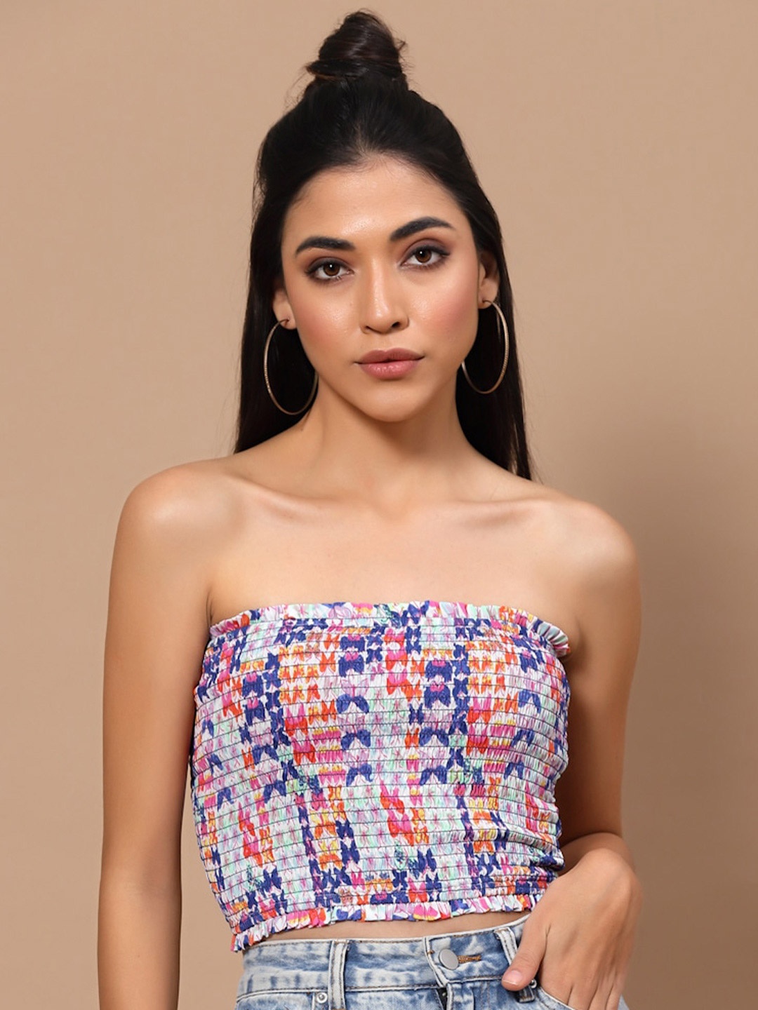 

HOUSE OF KKARMA Floral Print Crepe Tube Crop Top, Multi