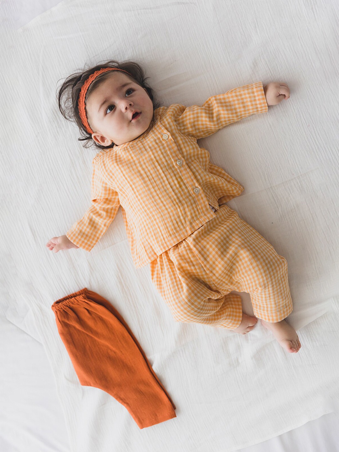 

Tiber Taber Infants Checked Long Sleeves Pure Cotton Top With Trousers, Orange