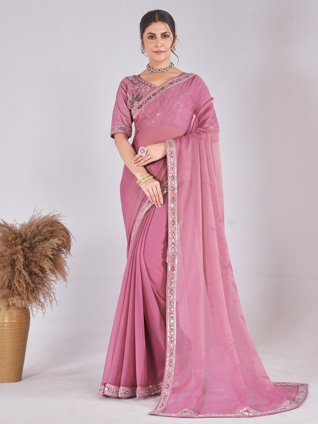 

Saree mall Sequinned Poly Georgette Sarees, Pink