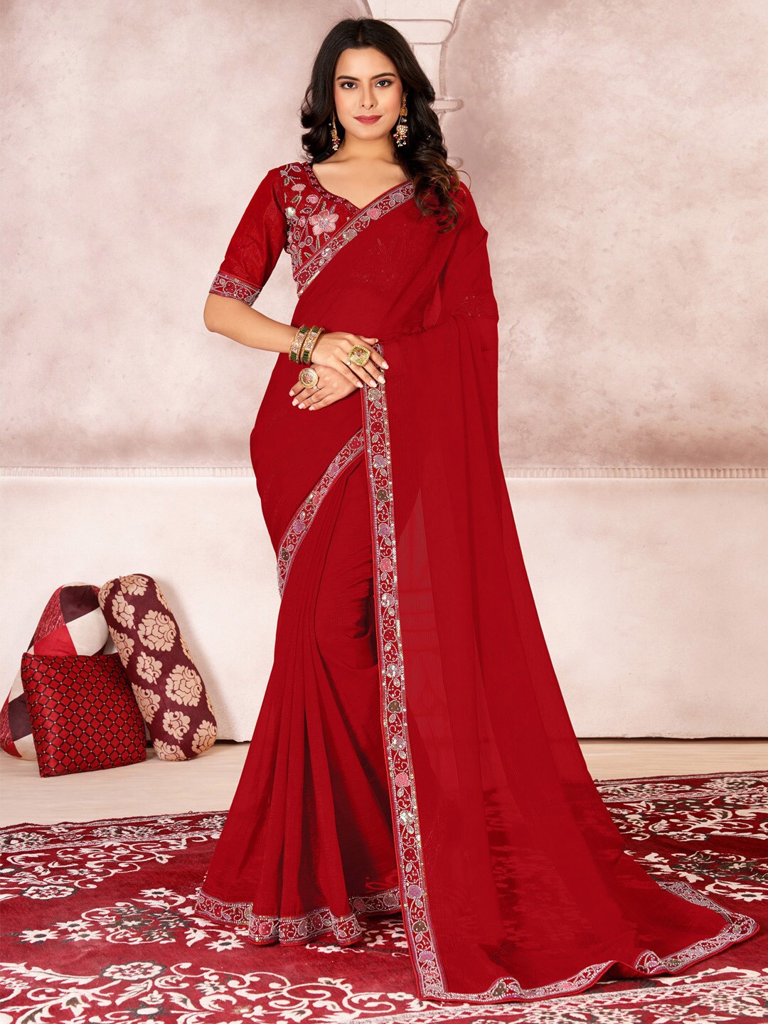 

Saree mall Sequinned Pure Chiffon Sarees, Red