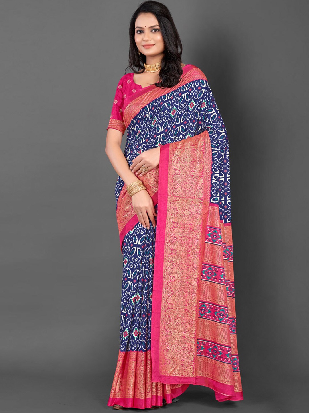 

Mitera Ethnic Motifs Ikat Saree, Navy blue