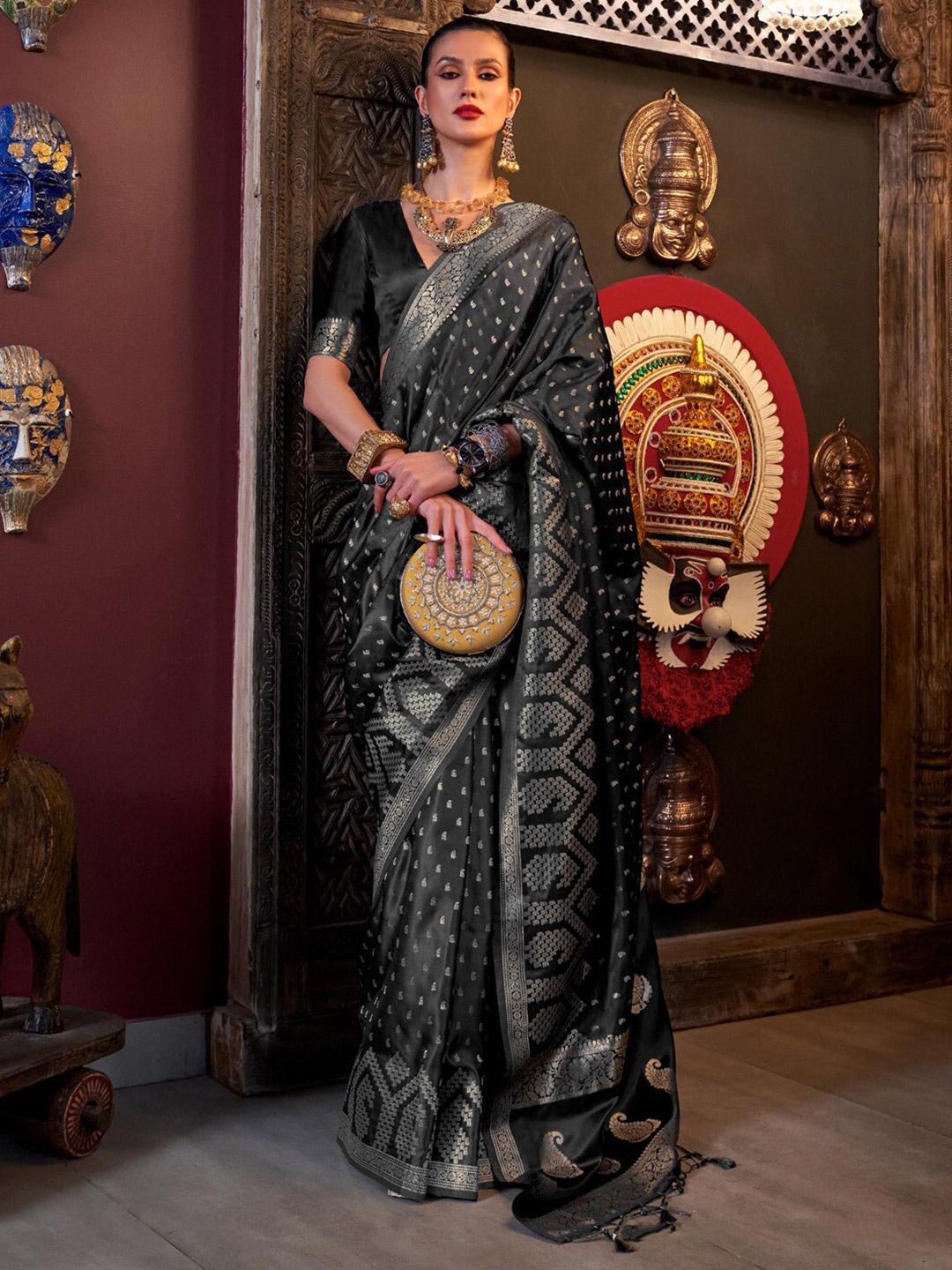 

Mitera Paisley Zari Satin Banarasi Saree, Black