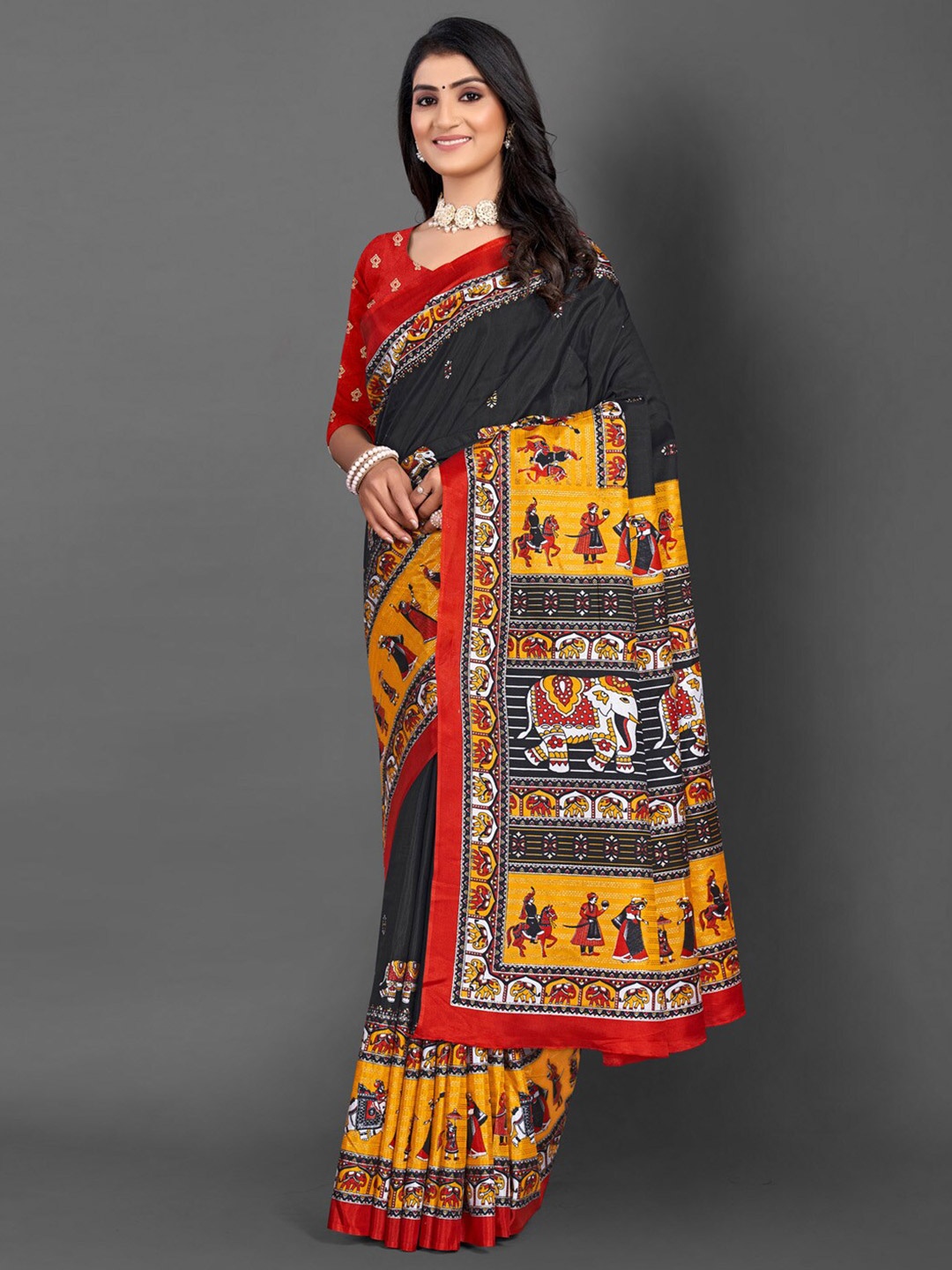 

Mitera Ethnic Motifs Bagru Saree, Black