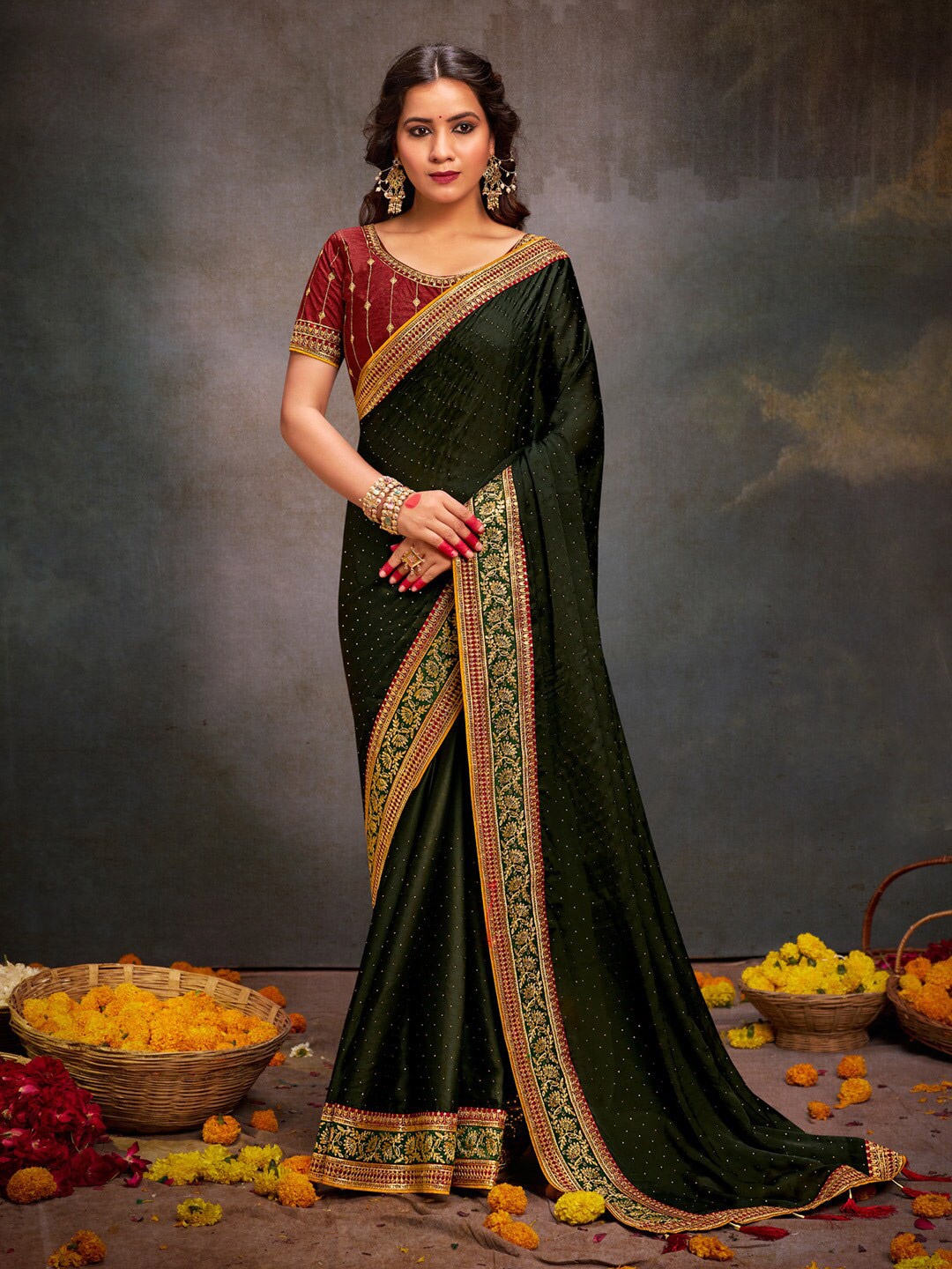 

Anouk Olive Green Embellished Embroidered Satin Saree