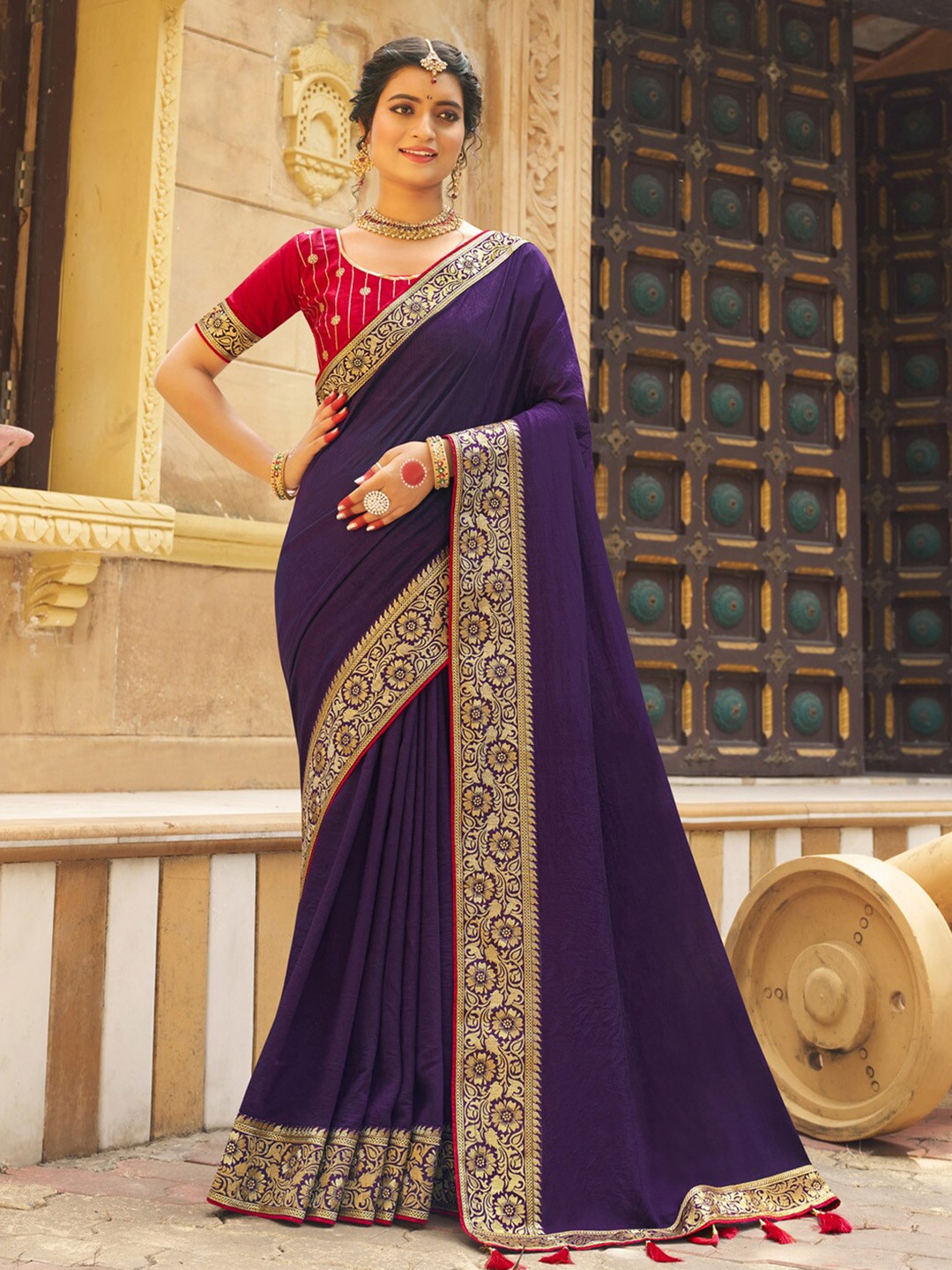 

Anouk Purple Ethnic Motifs Woven Design Zari Saree