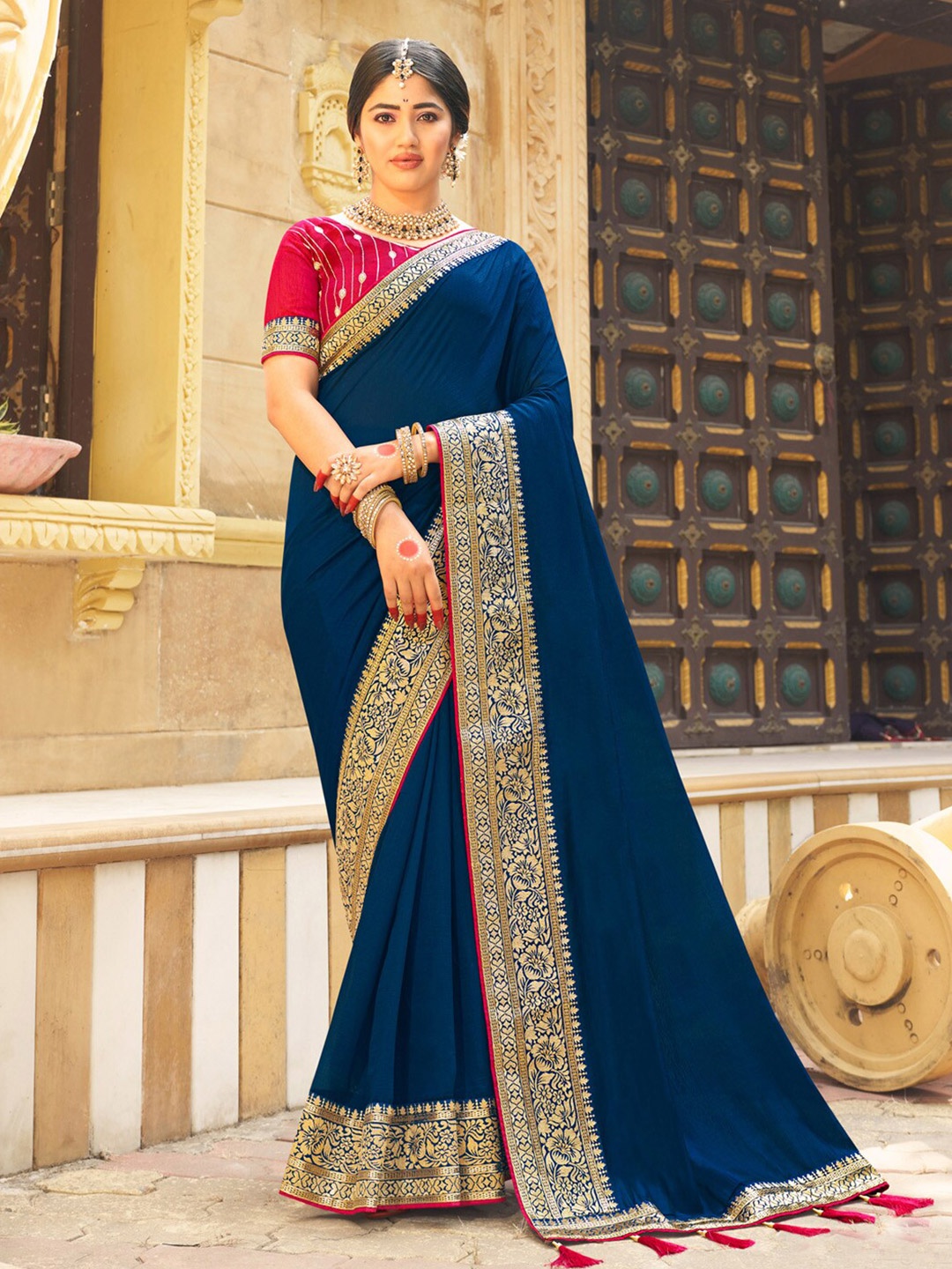 

Anouk Teal Blue Ethnic Motifs Woven Design Zari Saree