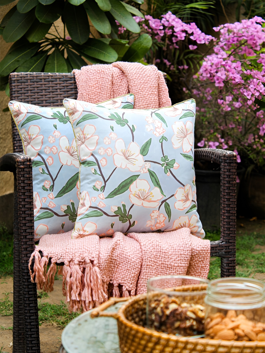

House This Blue & Pink 2 Pcs Floral Square Cushion Covers