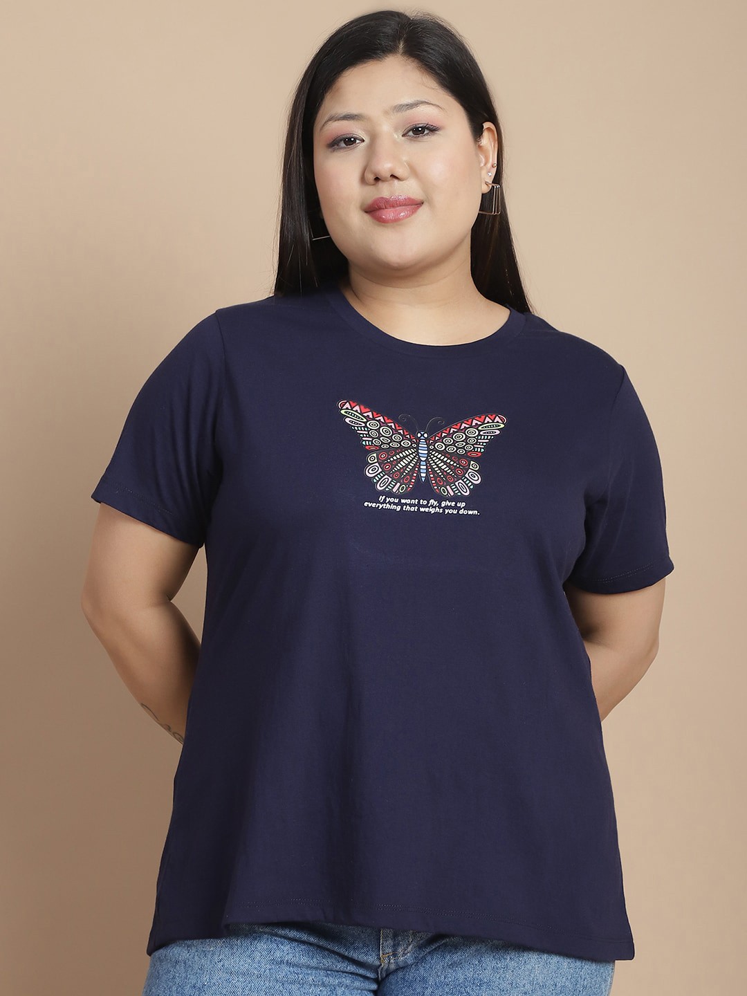 

Rute Women Typography Printed Drop-Shoulder Sleeves T-shirt, Navy blue
