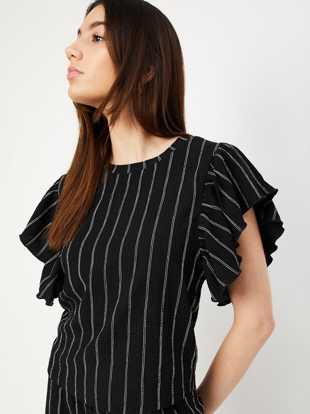 

max Striped Flutter Sleeve Top, Black